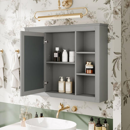 35" x 27.5" Medicine Cabinet, Wall Mounted Bathroom Storage Cabinet, Modern Bathroom Wall Cabinet with Mirror, Mirror Cabinet with 6 Open Shelves (Not Include Bathroom Vanity)
