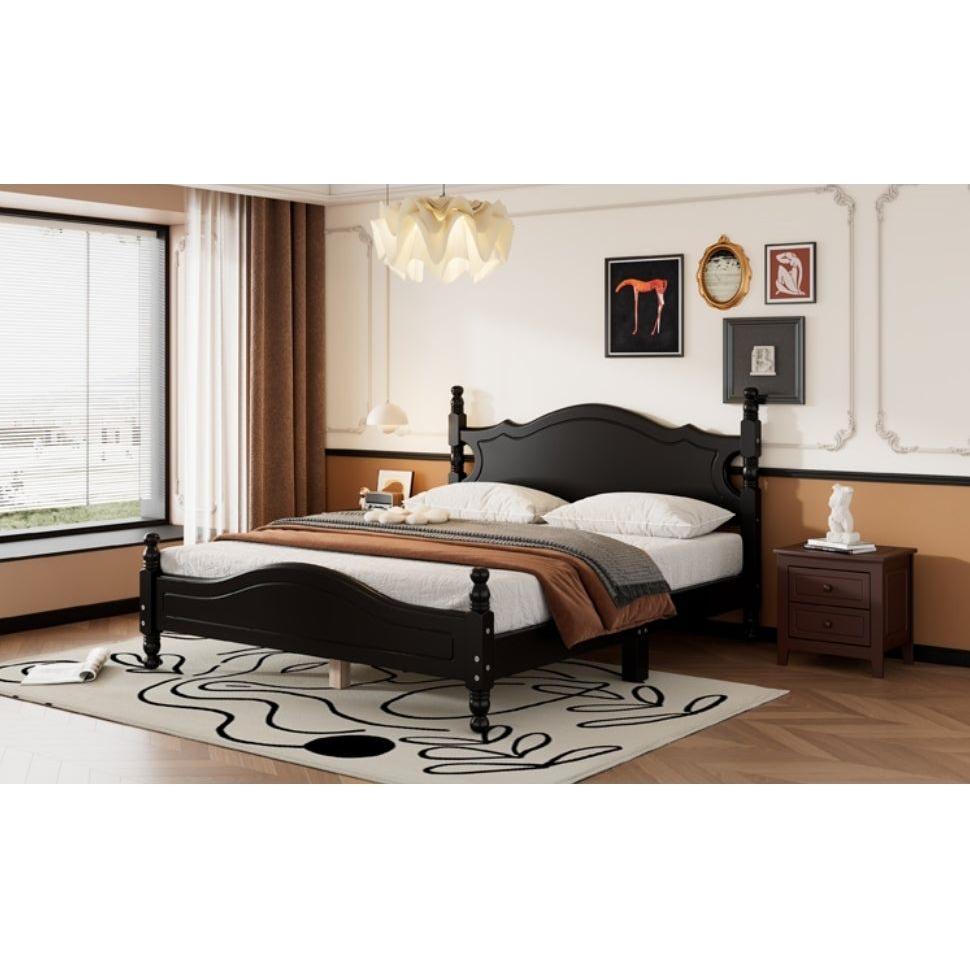 Queen Size Wood Platform Bed Frame,Retro Style Platform Bed with Wooden Slat Support,Black