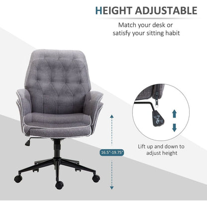 Vinsetto Linen Home Office Chair, Tufted Height Adjustable Computer Desk Chair with Swivel Wheels and Padded Armrests, Dark Gray