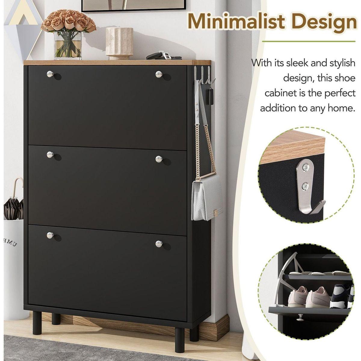 Narrow Design Shoe Cabinet with 3 Flip Drawers, Wood Grain Pattern Top Entryway Organizer with 3 Hooks, Free Standing Shoe Rack with Adjustable Panel for Hallway, Black