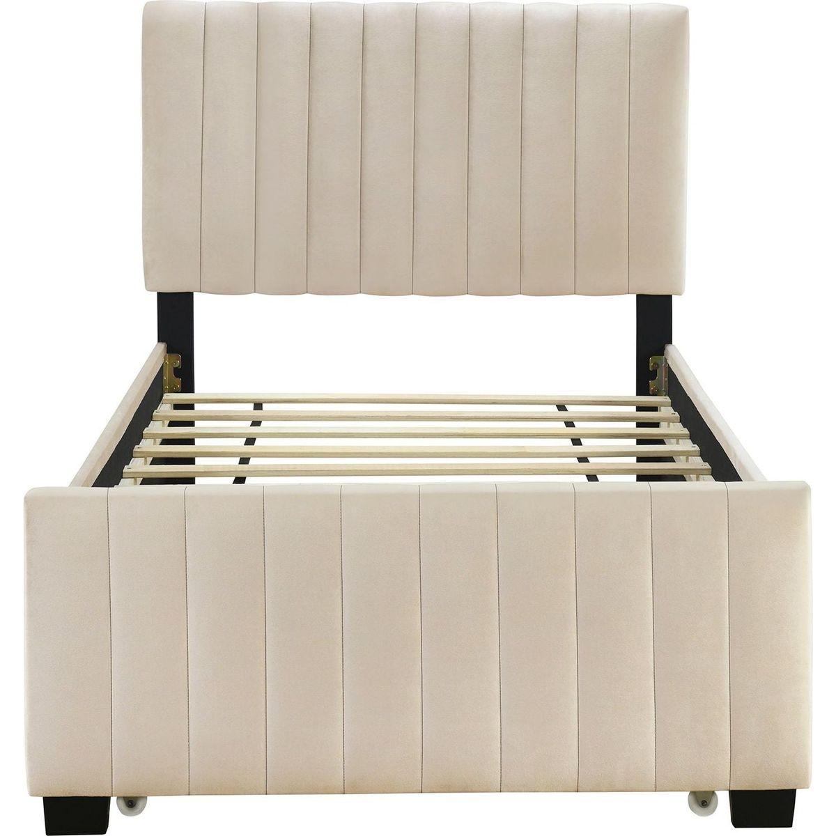 Twin Size Velvet Upholstered Platform Bed with Twin Size Trundle, Beige