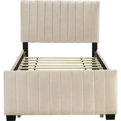 Twin Size Velvet Upholstered Platform Bed with Twin Size Trundle, Beige
