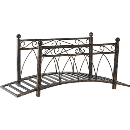 3.3' Metal Arch Zen Garden Bridge with Safety Siderails, Decorative Footbridge, Delicate Scrollwork & Corner Spheres for Stream, Fish Pond, Bronze