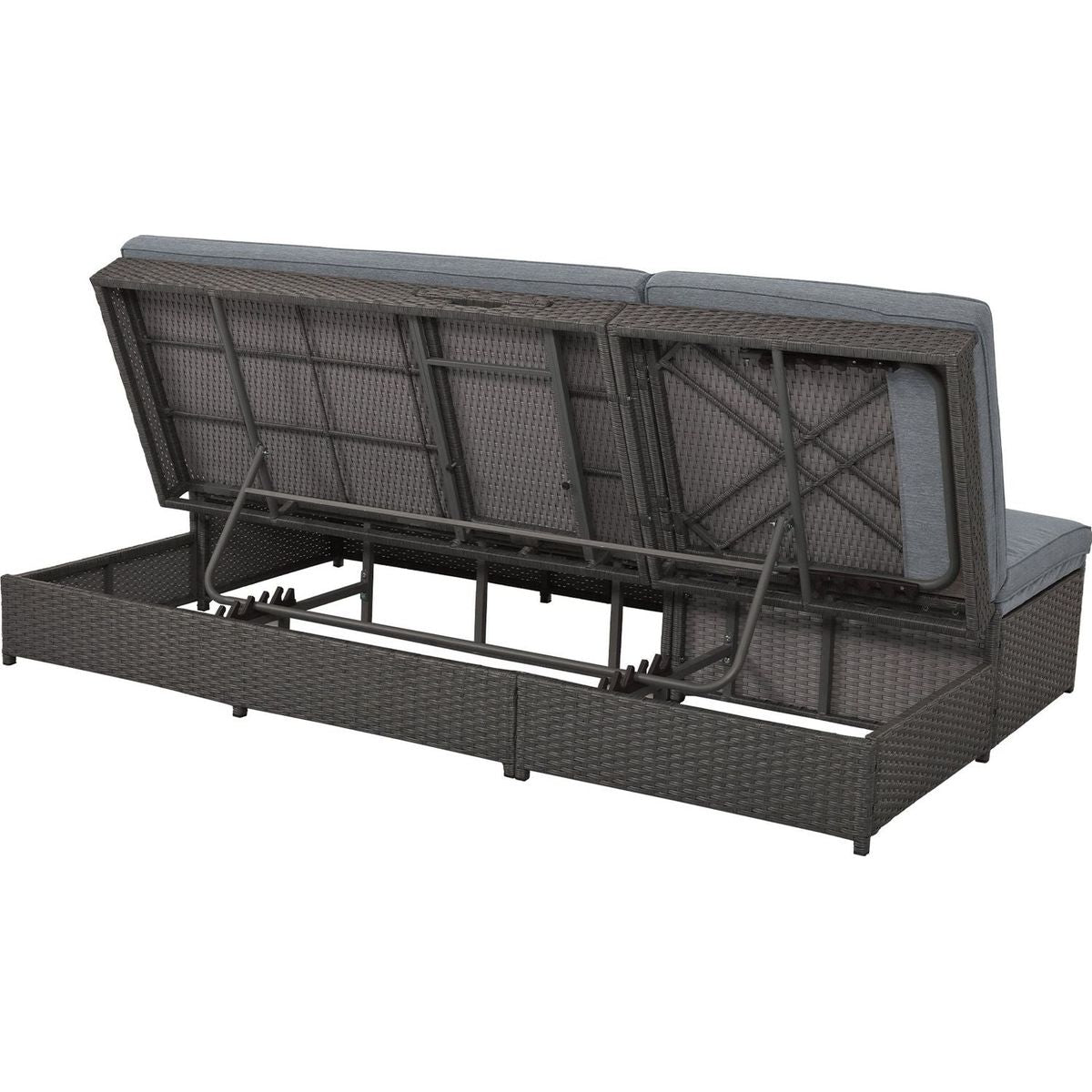 Outdoor Double Sunbed, Wicker Rattan Patio Reclining Chairs with Adjustable Backrest and Seat, Conversational Set for 2 Person, Gray