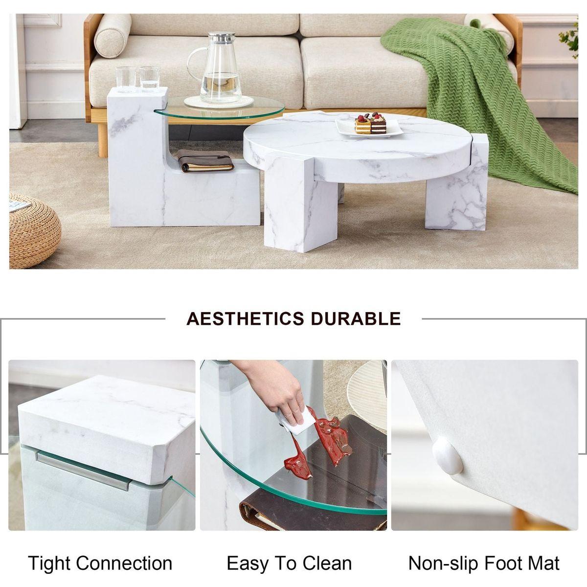 A modern, fashionable, and durable marble textured MDF coffee table with a side table. Match with multiple scenes. Suitable for living room and bedroom.