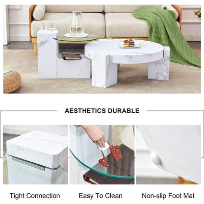 A modern, fashionable, and durable marble textured MDF coffee table with a side table. Match with multiple scenes. Suitable for living room and bedroom.