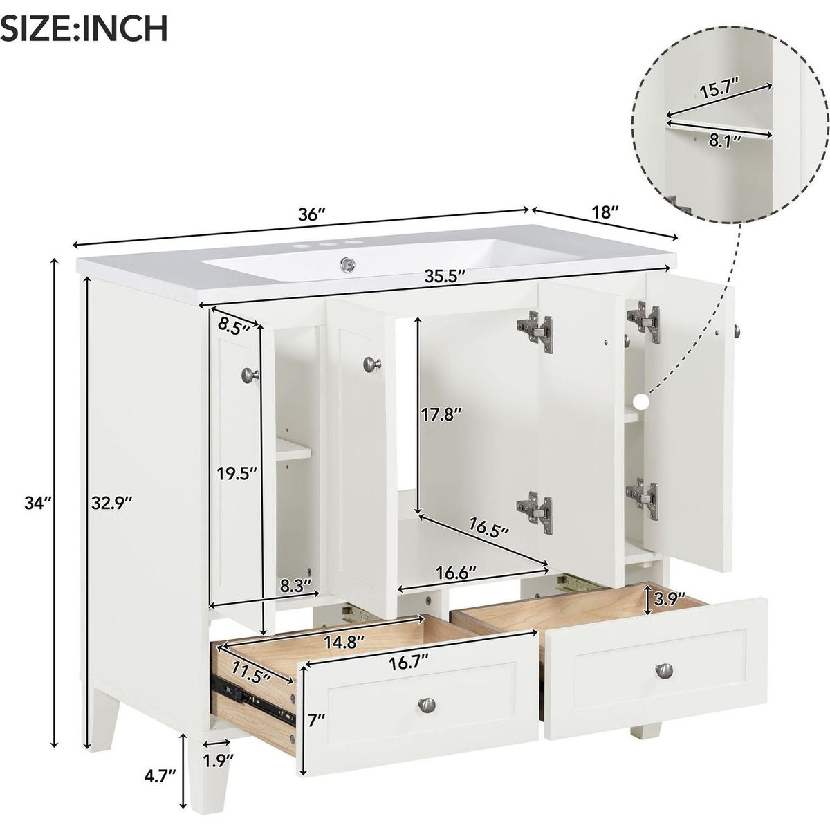 36" Bathroom Vanity with Resin Sink Combo,Solid Wood Frame Bathroom Storage Cabinet, Freestanding Vanity Set with 4 Soft Closing Doors& 2 Drawers