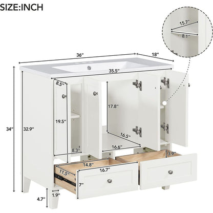 36" Bathroom Vanity with Resin Sink Combo,Solid Wood Frame Bathroom Storage Cabinet, Freestanding Vanity Set with 4 Soft Closing Doors& 2 Drawers