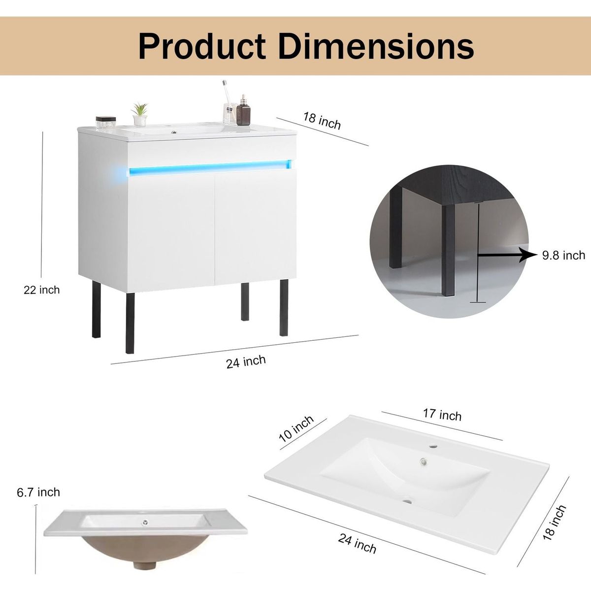 24" Bathroom Vanity with Sink, Radar Sensing Light, Large Storage Space and Metal legs, Wall Mounted/Standing Bathroom Vanity Sink,White