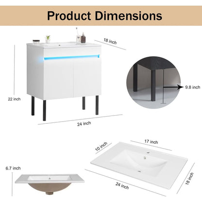 24" Bathroom Vanity with Sink, Radar Sensing Light, Large Storage Space and Metal legs, Wall Mounted/Standing Bathroom Vanity Sink,White