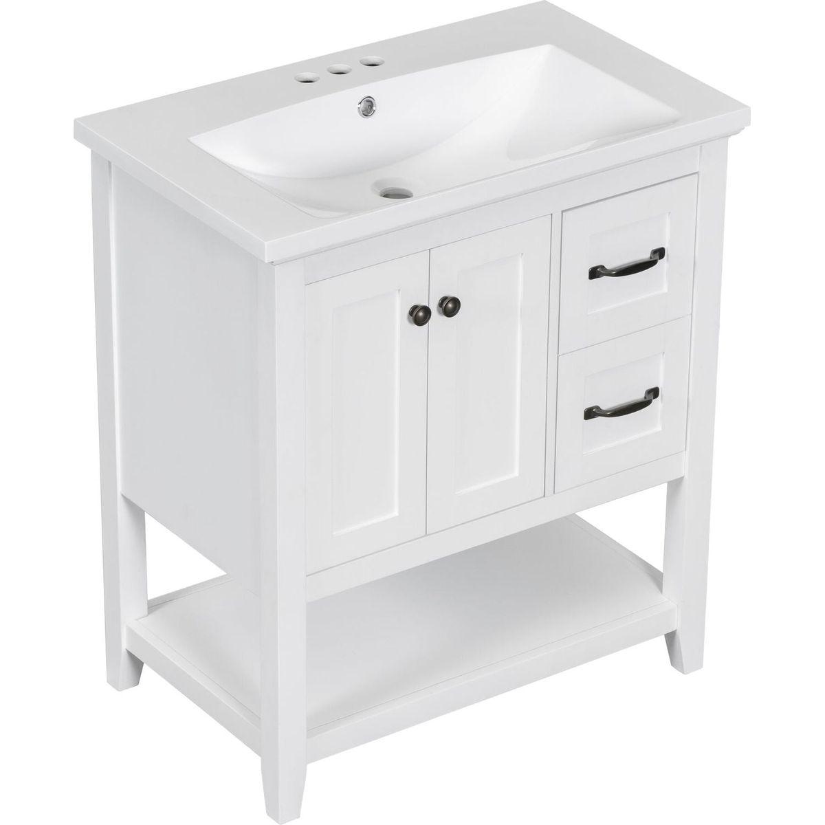 30" Bathroom Vanity with Ceramic Sink Top, Vanity Cabinet with Multi-Functional Drawer, Solid Wood Legs, White