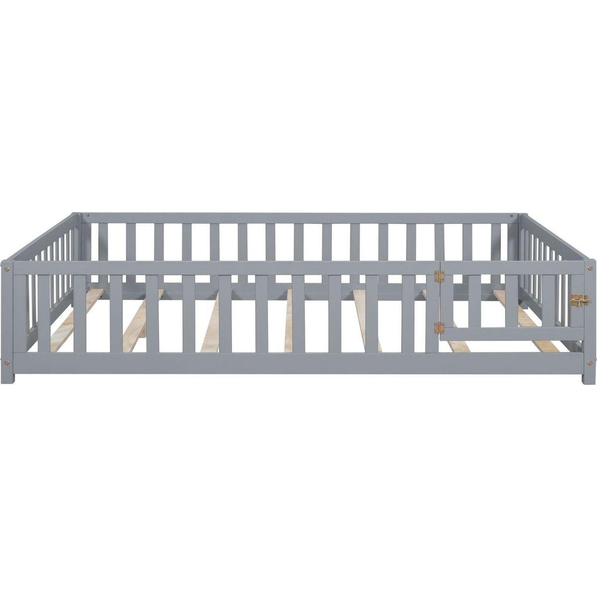 Full Size Floor Platform Bed with Fence and Door for Kids, Montessori Floor Bed Frame with Support Slats for Toddlers, Wooden Floor Bed Grey