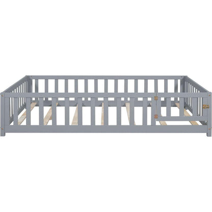 Full Size Floor Platform Bed with Fence and Door for Kids, Montessori Floor Bed Frame with Support Slats for Toddlers, Wooden Floor Bed Grey