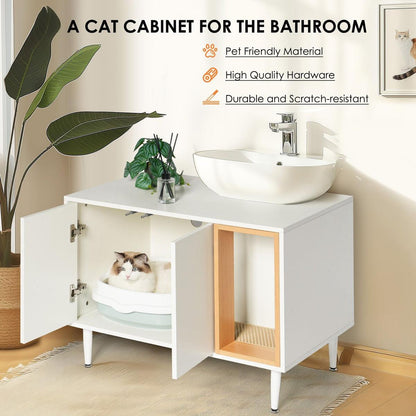 bathroom sink cabinet with Cat Litter Box enclosure, Hidden Litter Pet Washroom with Divider, Indoor Cat House for Large Cats, Wooden Cabinet Furniture, White