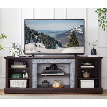 Large Faux Stacked Stone TV Stnad, Desk Storage Rack, Media Console Table with Large Storage Cabinet,Modern TV Media Entertaionment Stand,Cherry, 70.12"Wx15.35"Dx25.83"H