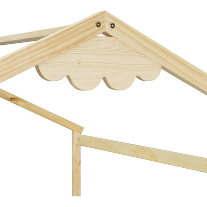 Double Twin House-Style Floor Bed with Fence, Guardrails, without door, Natural