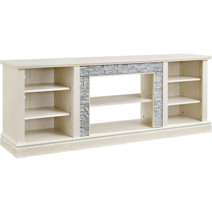 Large TV Desk Storage Rack with Faux Stacked Stone Surround,Media Console Table with Large Storage Cabinet,Modern TV Media Entertaionment Stand,WHITE, 70.12"Wx15.35"Dx25.83"H