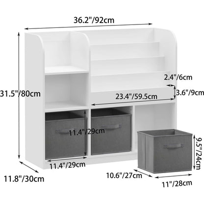 Kids Bookcase and Bookshelf, Multifunctional Bookcase with 3 Collapsible Fabric Drawers, Bookcase Display Stand, Toy Storage Organizer for Bedroom, Playroom, Hallway (White/Gray)