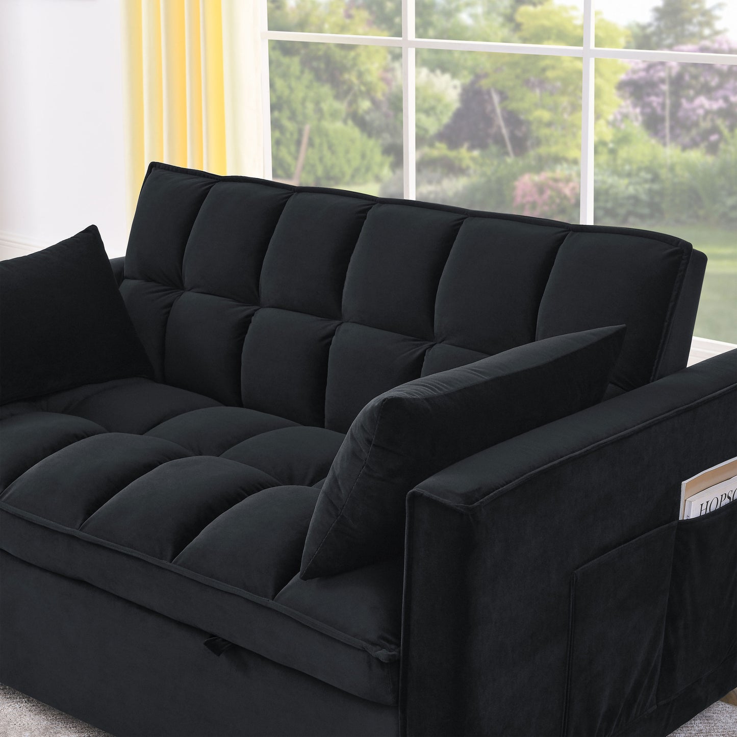 Sleeper Sofa, Convertible Sofa, Recliner, Bed, 3-in-1, 3-Position Adjustable Backrest, 2-Seater Sectional, Two Side Pockets, 2 Pillows for Living Room, Apartment, etc., Velvet Black 54" Wide.