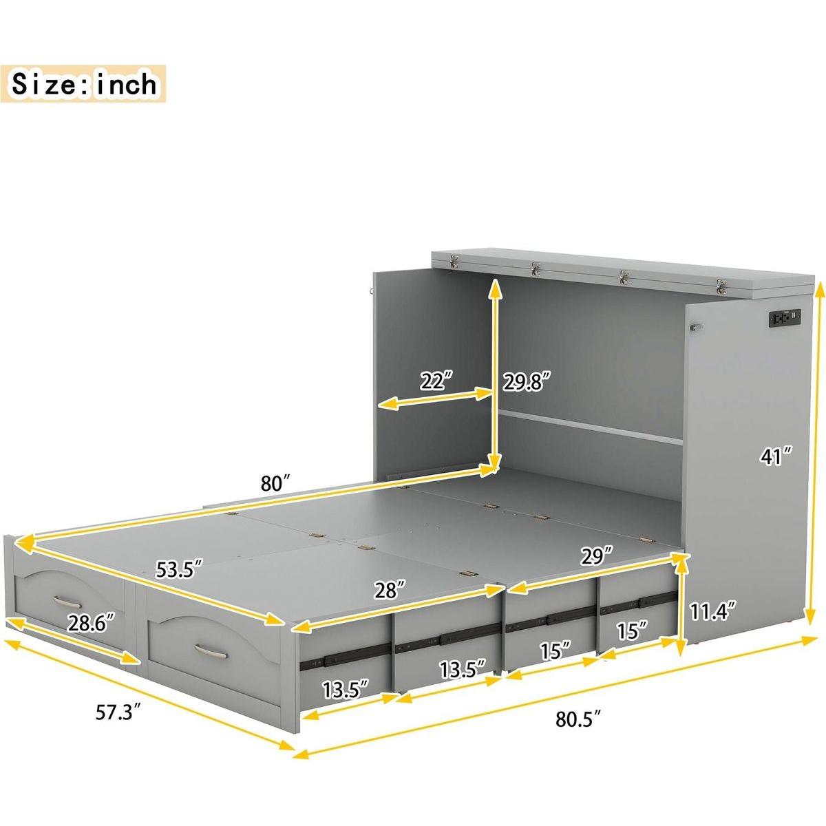 Full Size Murphy Bed Wall Bed with drawer and a set of Sockets & USB Ports, Pulley Structure Design, Gray