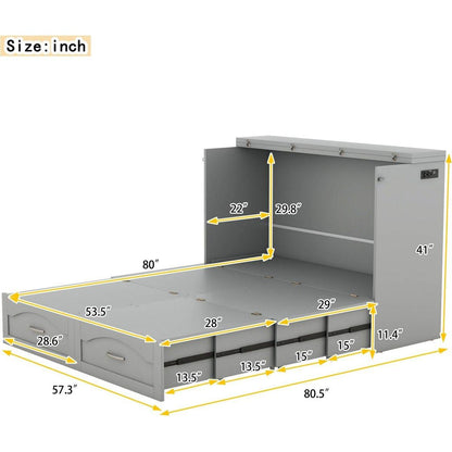 Full Size Murphy Bed Wall Bed with drawer and a set of Sockets & USB Ports, Pulley Structure Design, Gray