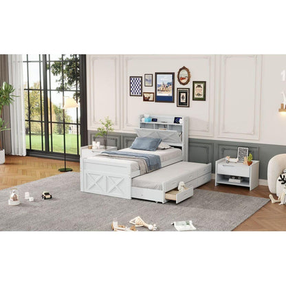 Twin Size Wooden Bed with Storage Headboard with Outlets, Extendable Bed with Twin Size Trundle with Three Storage Drawers,White