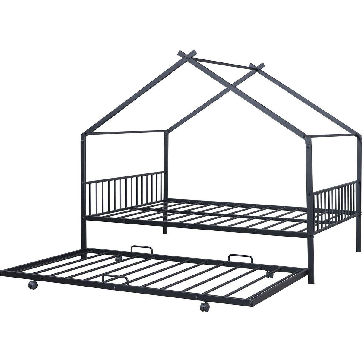 Full Size Metal House Bed with Twin Size Trundle, Black