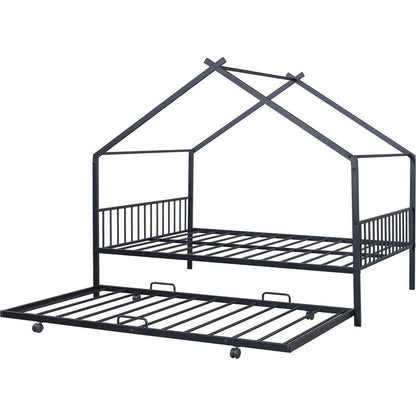 Full Size Metal House Bed with Twin Size Trundle, Black