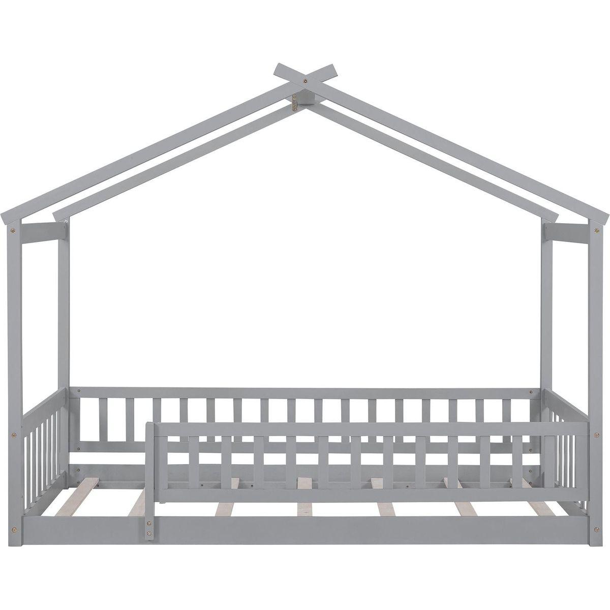 Twin Size Wood Bed House Bed Frame with Fence, for Kids, Teens, Girls, Boys, Gray