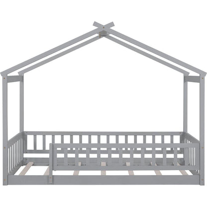 Twin Size Wood Bed House Bed Frame with Fence, for Kids, Teens, Girls, Boys, Gray