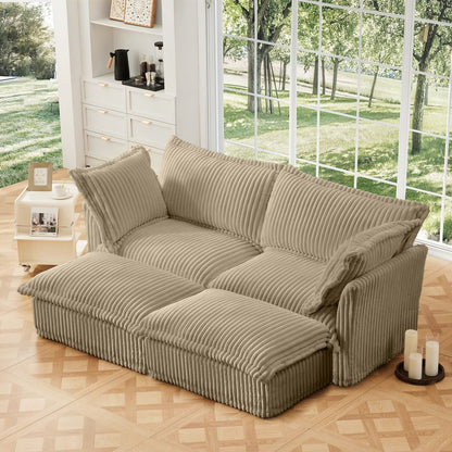 Slipcovered Sofa 2 Seater Sofa    With 2 Ottomans, 2 Seater Sleeper Sofa Bed Home Theater Oversized Sofa For Living Room, Corduroy,Camel