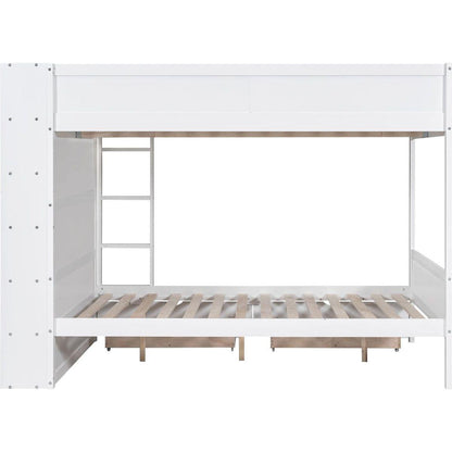 Full over Full Bunk Bed With 2 Drawers and Multi-layer Cabinet, White