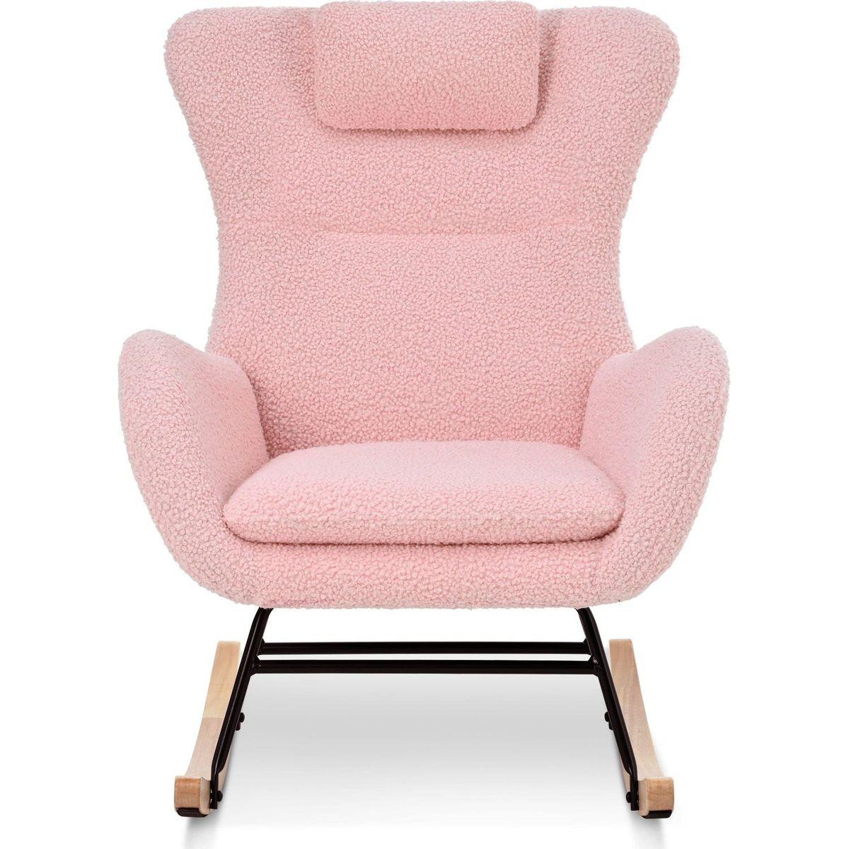 Rocking Chair Nursery, Teddy Upholstered Rocker Glider Chair with High Backrest, Adjustable Headrest & Pocket, Comfy Glider Chair for Nursery, Bedroom, Living Room, Offices, Rubber wood, pink