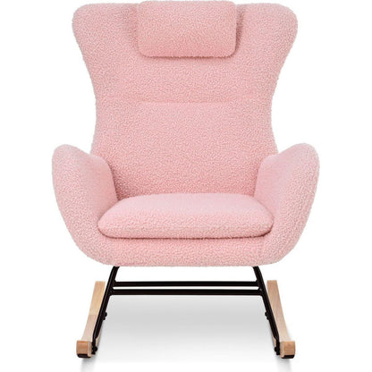 Rocking Chair Nursery, Teddy Upholstered Rocker Glider Chair with High Backrest, Adjustable Headrest & Pocket, Comfy Glider Chair for Nursery, Bedroom, Living Room, Offices, Rubber wood, pink