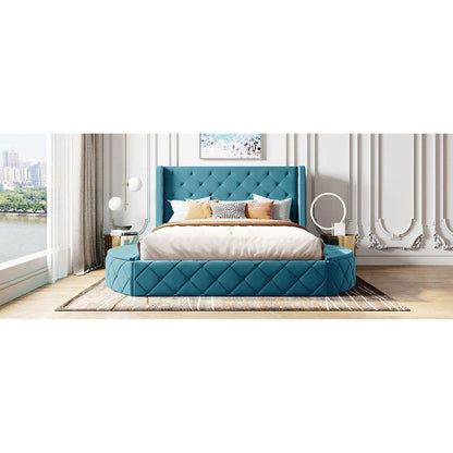 Upholstered Platform Bed Queen Size Storage Velvet Bed with Wingback Headboard and 1 Big Drawer,2 Side Storage Stool(Blue)