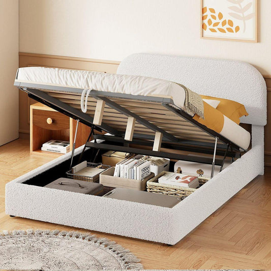 Teddy Fleece Full Size Upholstered Platform Bed with Hydraulic Storage System, White
