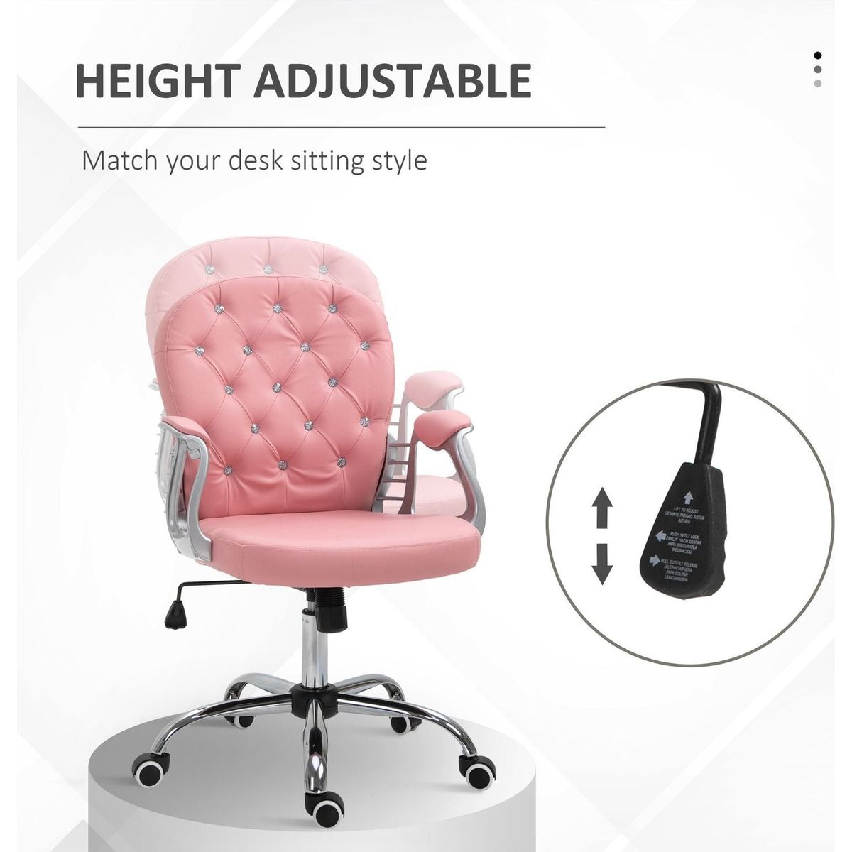 PU Leather Home Office Chair, Button Tufted Desk Chair with Padded Armrests, Adjustable Height and Swivel Wheels, Pink