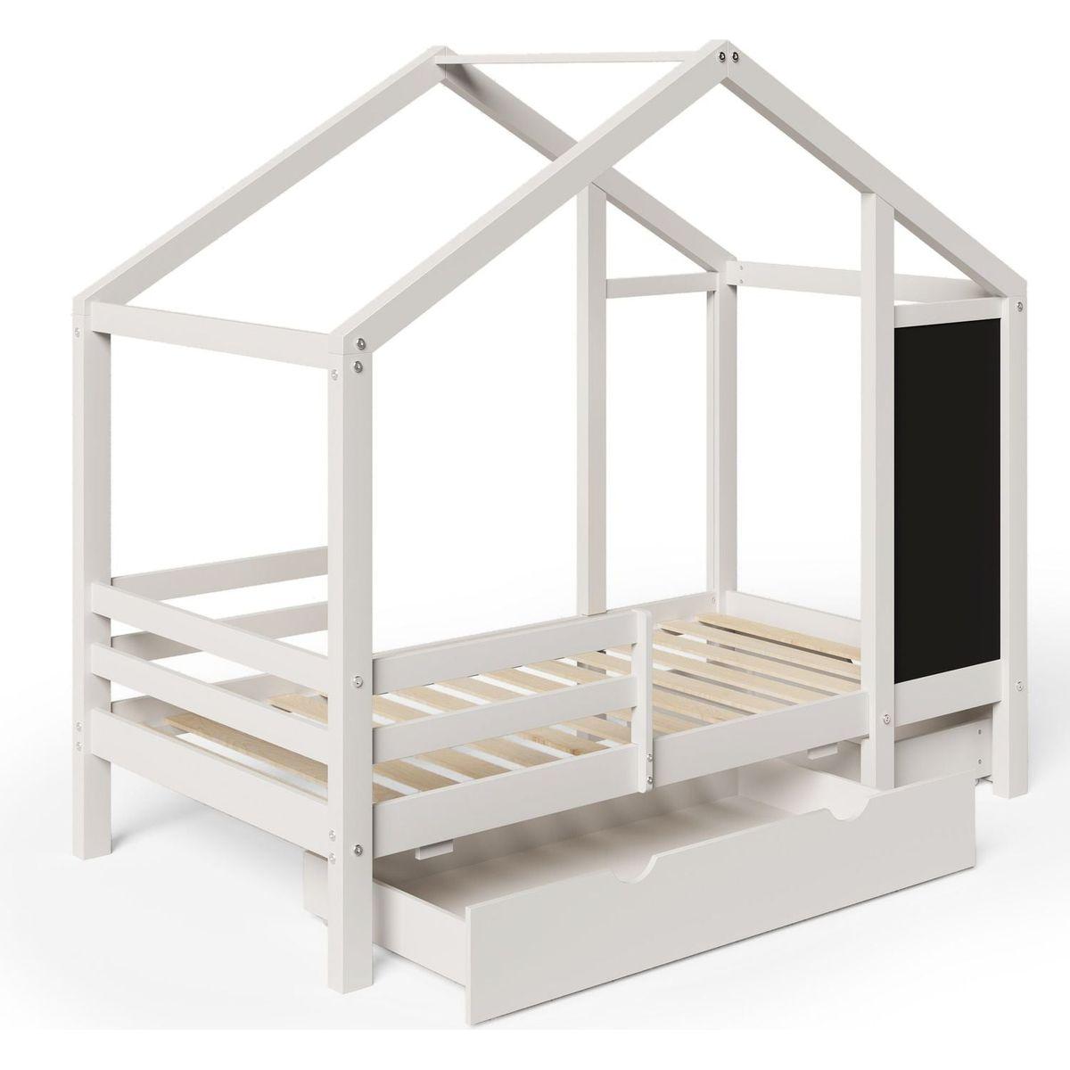Twin House Bed with Blackboard and Drawers, Two assembly options, White