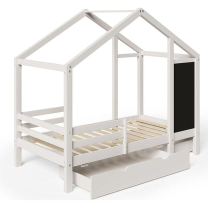 Twin House Bed with Blackboard and Drawers, Two assembly options, White