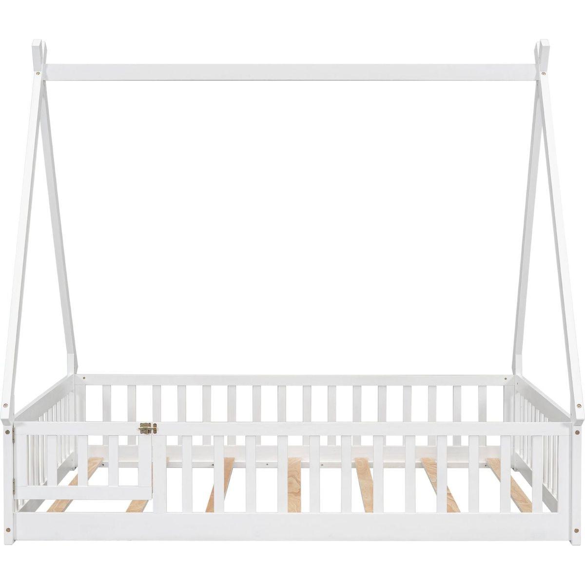 Full Tent-shaped Floor Bed, with Guardrails, Slats, Door, White