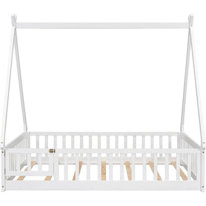 Full Tent-shaped Floor Bed, with Guardrails, Slats, Door, White
