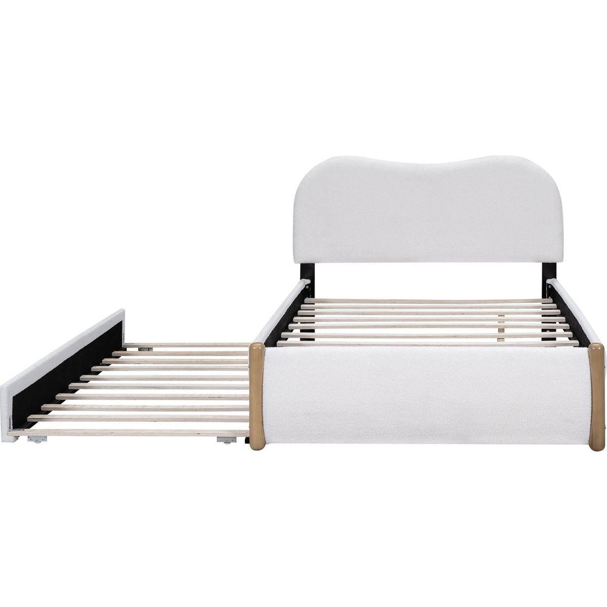 Full Size Upholstered Platform Bed with Wood Supporting Feet and Twin Size Trundle, White