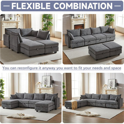 113.5" Modular Sectiona Corduroy Sofa, Sectional Couches for Living Room U Shaped Sectional Couch with Storage Ottoman, 6 Seats Convertible Sectionals with Chaise