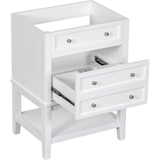 24" Bathroom Vanity Without Sink, Base Only, Solid Wood Frame, Bathroom Storage Cabinet with Drawer and Open Shelf, White