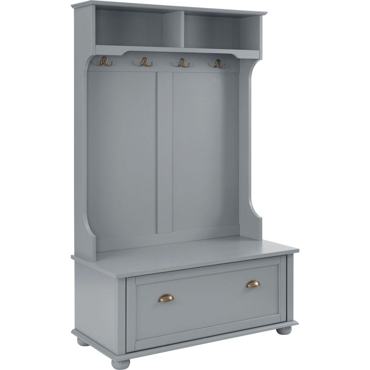 Classic Cosatal Style Hall Tree Entryway Bench with Open Shelves and Shoe Cabinets, SOLID WOOD Feet, Gray, 40"Wx18.5"Dx64.5"H