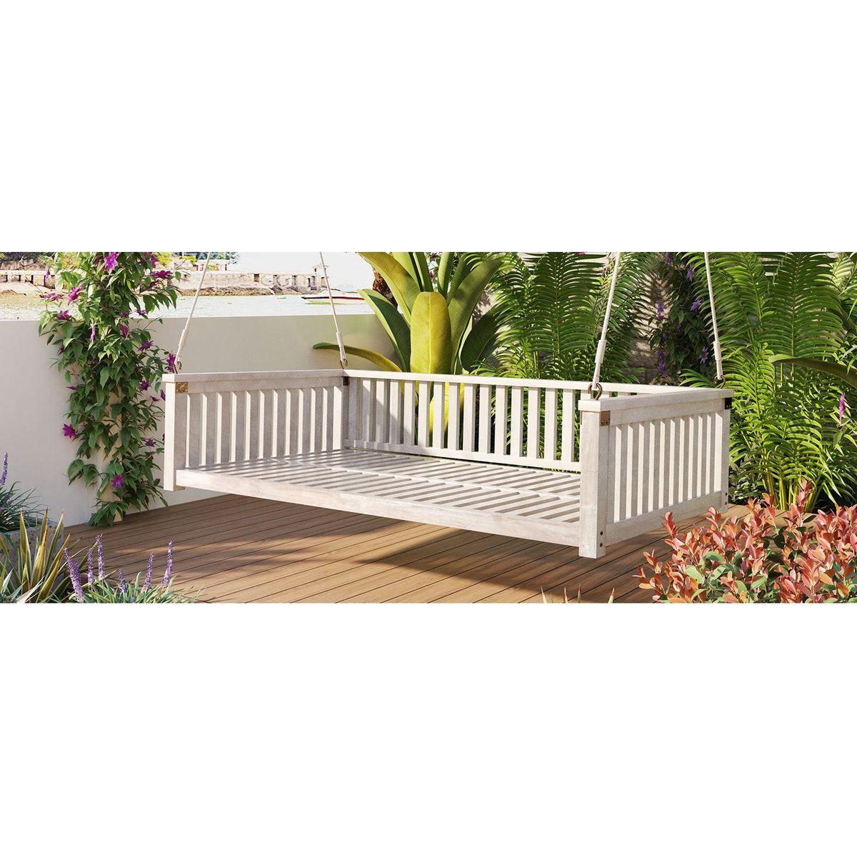 Patio Minimalist Twin Size Garden Swing Bed Wood Porch Swing with Ropes for Backyard, Safe Sloped Design, White