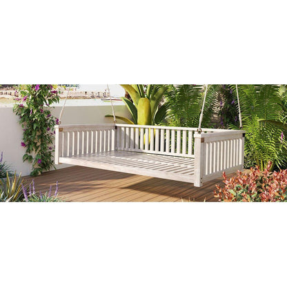 Patio Minimalist Twin Size Garden Swing Bed Wood Porch Swing with Ropes for Backyard, Safe Sloped Design, White