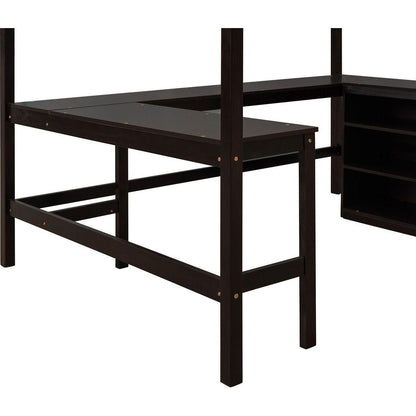 Full size Loft Bed with Shelves and Desk, Wooden Loft Bed with Desk - Espresso
