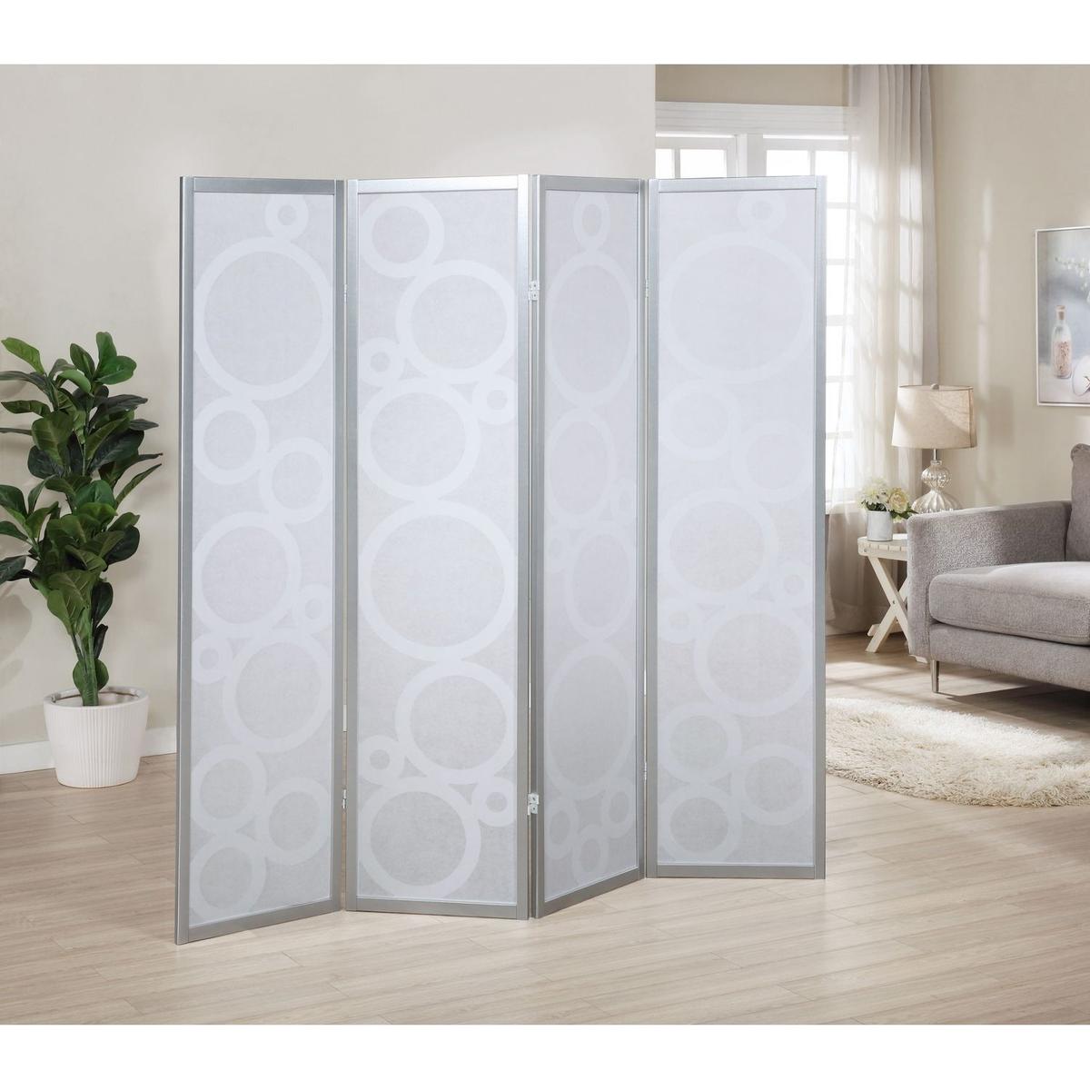 Arvada 4-Panel Wood Room Divider with Circle Pattern, Silver