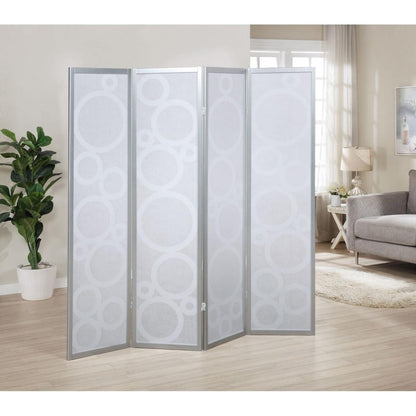 Arvada 4-Panel Wood Room Divider with Circle Pattern, Silver